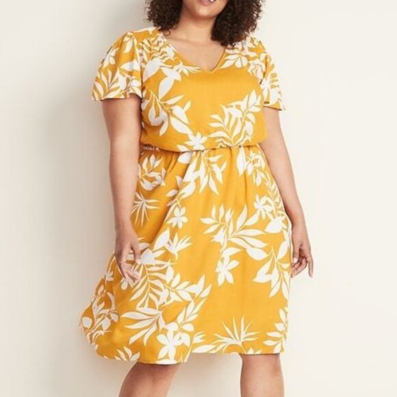 OLD NAVY Waist Defined V-Neck Dress Mustard Yellow White Floral Cap Sleeve Knee - Picture 3 of 14